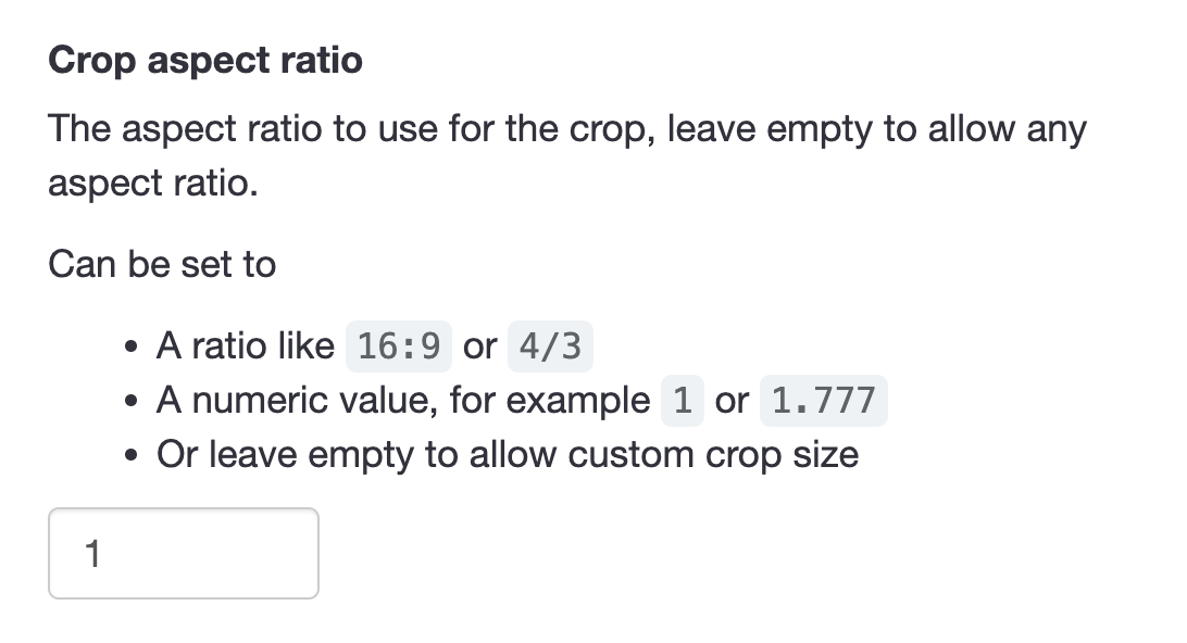 A screenshot of the CropGuide dashboard showing a text input to set a custom crop aspect ratio
